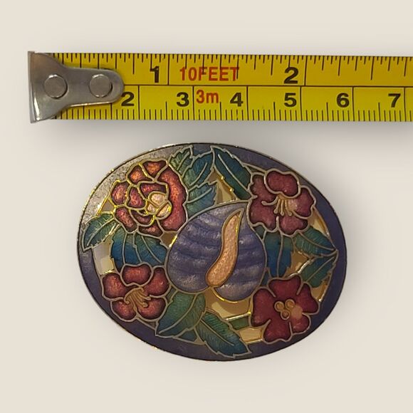Vintage Gold Tone Cloisonne Tropical Arthurium Flowers Large Brooch Lapel Pin - Picture 10 of 10